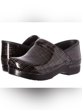 Black Patterned Patent Clogs